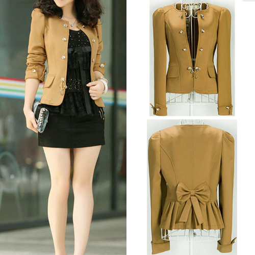 New Fashion Womens Basic Slim Short Coat JACKET Blazer Puff Sleeve Bowed Back  Black/ Camel/Orange