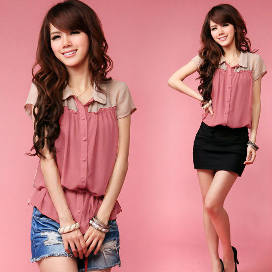 New Fashion Womens Clothing Ladies Short Sleeve Casual Chiffon Button Down Shirt Tops Blouses Pink Size S Free Shipping 0527