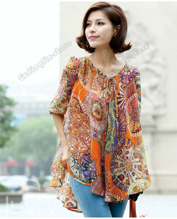 New Fashion Womens Ladies Clothing Crew Neck Wheel Print Casual Chiffon Autumn Loose Tops Blouse Size M Free Shipping 0694