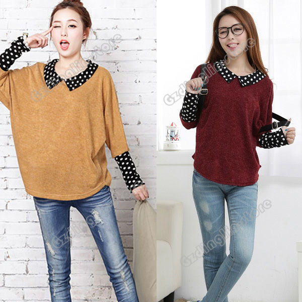 New Fashion Womens Ladies Long Batwing Sleeve Polka Dot Loose Knitwear Sweater T-Shirt Tops Blouse Size M Free Shipping 0796