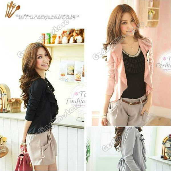 New Fashion Womens Ladies Long Sleeve Cotton Solid Color Ruffles Autumn Cardigan Short Jacket Coat Size S Free Shipping 0706