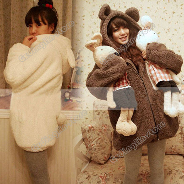 New Fashion Womens Ladies Long Sleeve Winter Bear Fleece Hoodie Faux Fur Jacket Coat Parkas Overcoat Size M Free Shipping 0060