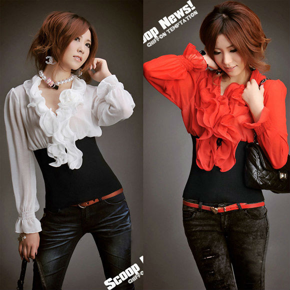 New Fashion Womens Ladies Ruffled Collar Long Sleeve Rib Cotton Chiffon Casual Tops Blouses Shirt Size S Free Shipping 0226