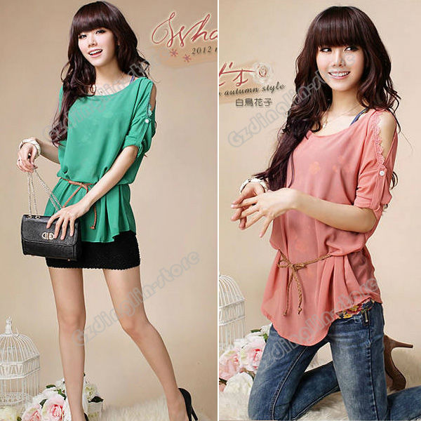 New Fashion Womens Ladies Two-Piece Crew Neck Chiffon Casual Loose Shirt Top Blouse With Vest Green Pink Free Shipping 0776