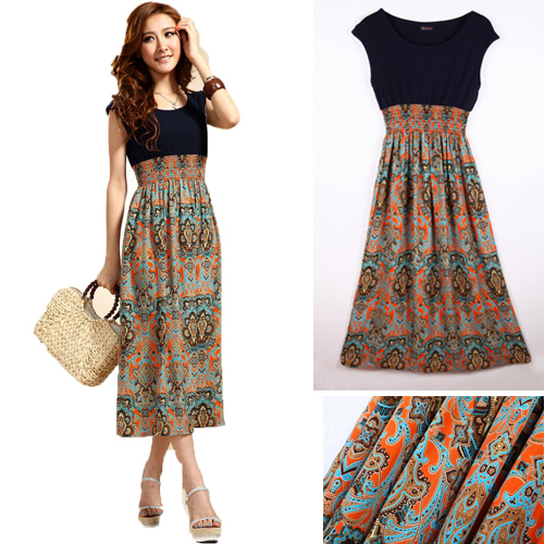 New Fashion Womens Lady Cotton and Chiffon Dress Sleeveless Bohemian Print Skirt Long Dress Folk style 4 colors free shipping