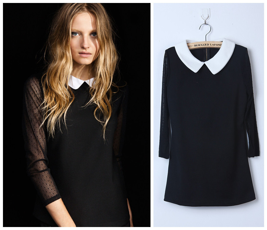 New fashion womens' Long Sleeve Black Blouse Shirt Polka Dot Print lace Sleeve casual cozy elegant sexy peter pan collar