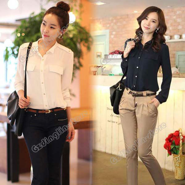 New Fashion Womens Long Sleeve Retro Vintga Polo Neck Temperament Shirt Tops Blouse White Black Size S M Free Shipping 0150