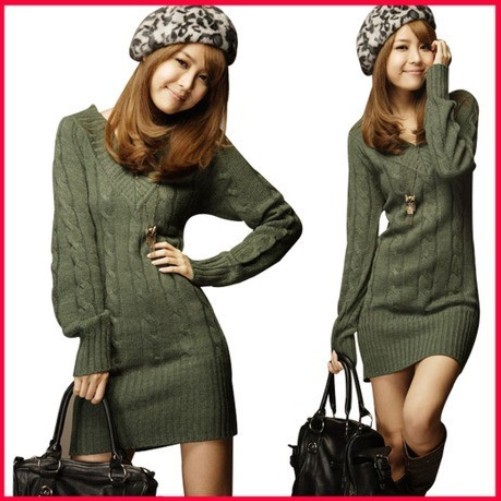 New Fashion womens Pullover V Neck Long Top Mini Dress Sweater Jumper