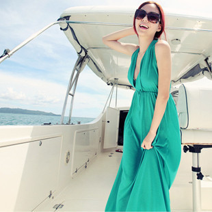 New for summer Korea Style sexy Deep V Emerald Beach Dress Bohemia Maxi Long Dress + Free shipping