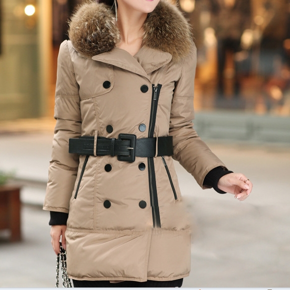 New Free shipping 2012 winter women's large fur collar slim fashion medium-long thickening down coat khaki orange black 3 color