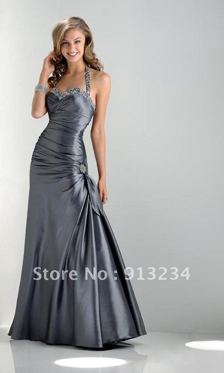 NEW Free shipping 2013 Elegant Gray full length Beading ruched halter taffeta celebrity party dresses evening gowns 081