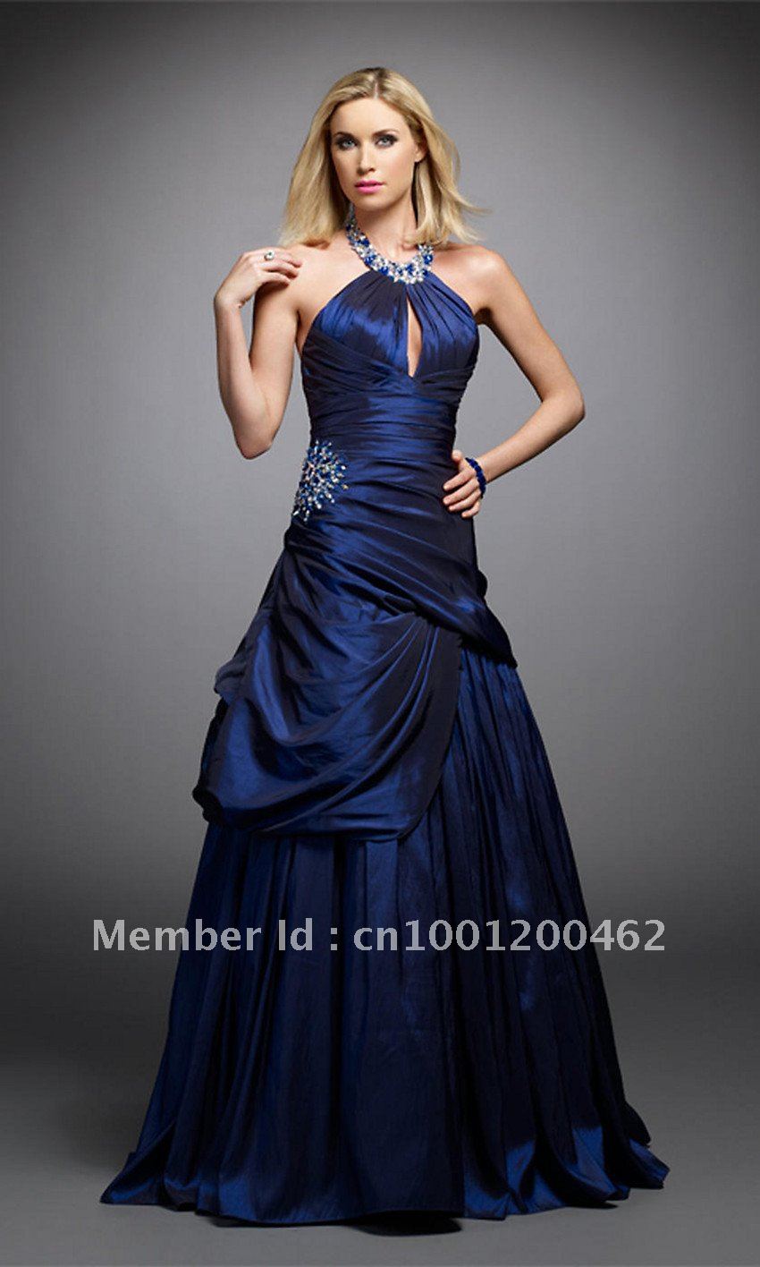 NEW Free shipping  Elegant blue full length backless Halter ruched Taffeta celebrity evening dresses party prom gowns 017