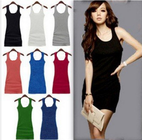 NEW Free Shipping Good Quality,100% Cotton Candy Colors 100% Cotton Women's Casual Solid Vest dress Vest tops long T shirt Dress