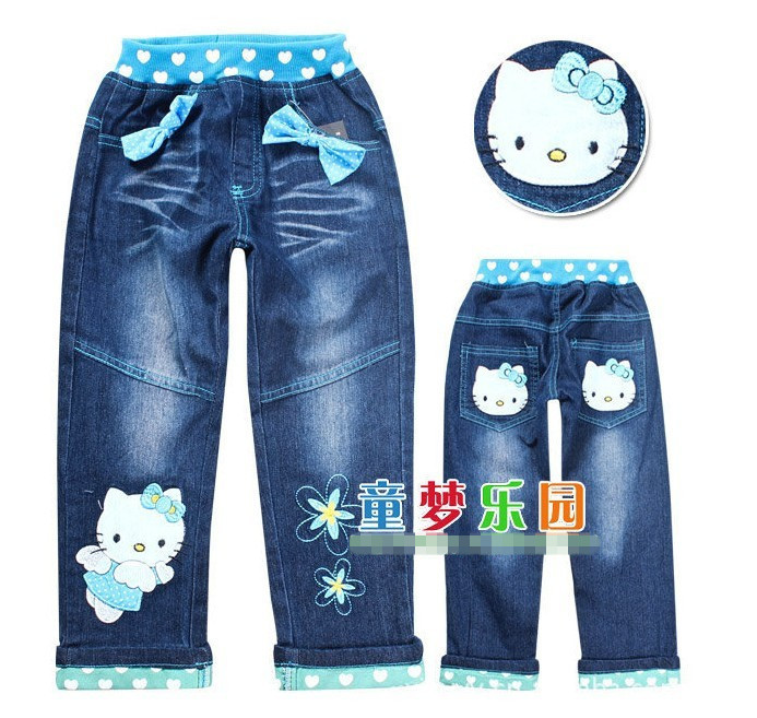 New Free shipping hot sell 5pcs/lot baby girls cartoon kitty bowknot Jeans/children demin trousers/kids casual jeans pants