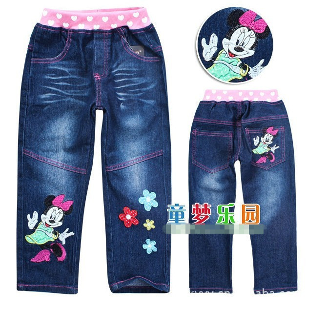 New Free shipping hot sell 5pcs/lot baby girls cartoon minnie flower Jeans/children demin trousers/kids casual jeans pants