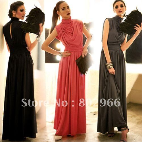 New Free shipping Sexy Women High Choker Evening Long Maxi Dress Sleeveless Formal Gown Dresses color black red gray GE1141