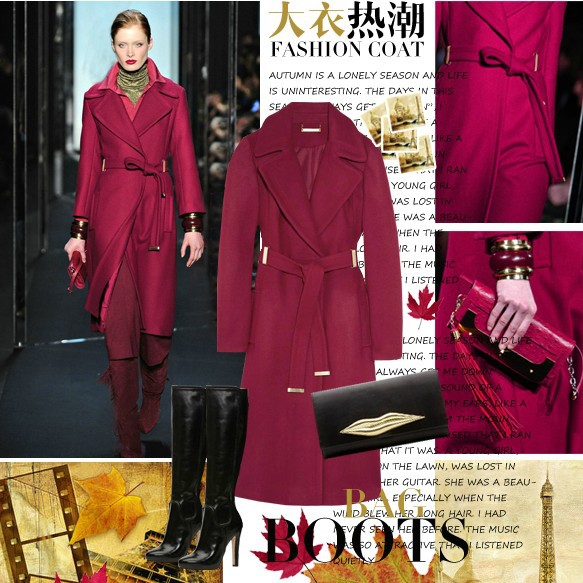 New fur coat noble wine red high-end wool cashmere coat