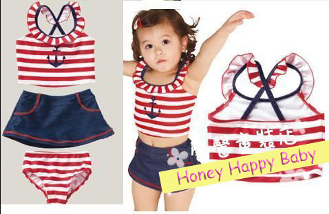 New Girl Striped Swimsuit Fational three pcs set for your girl navy style 2~6T Retail Free Shipping wholesale drop shipping