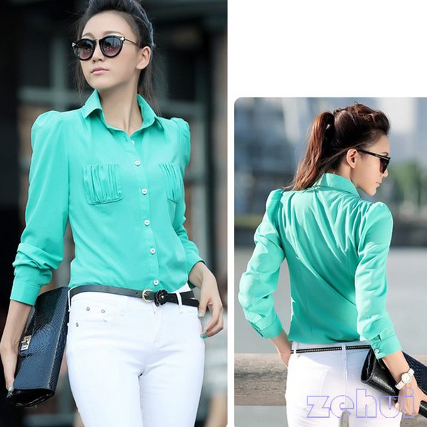 New Green Lady Trendy Chic Chiffon Career OL Long Sleeve Slim Women's Button Shirt Blouse HR359G