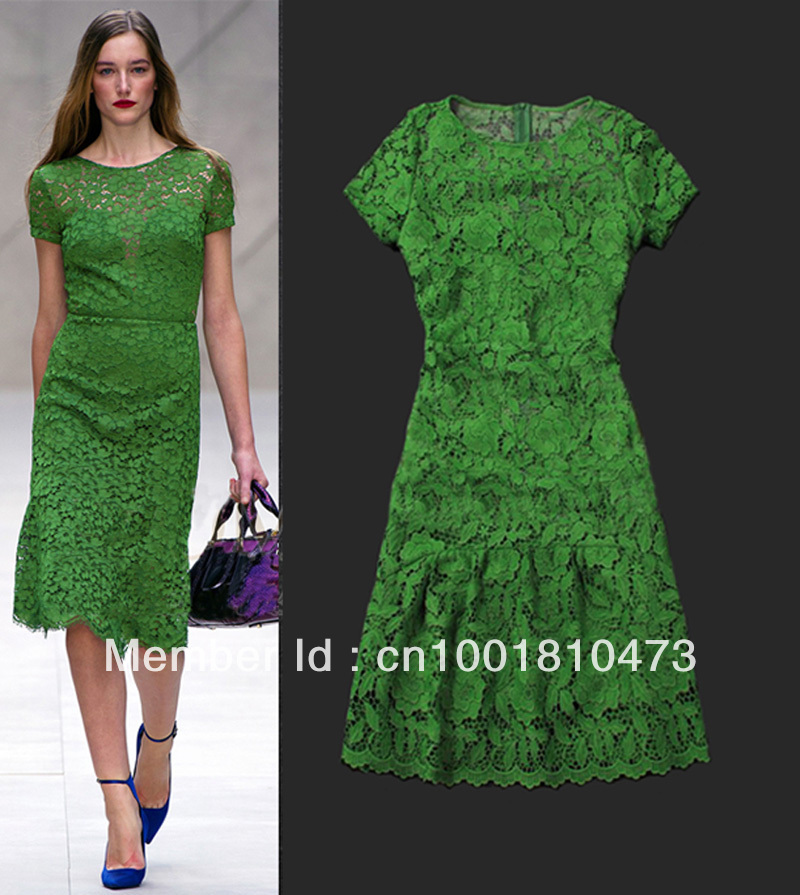 New green water soluble lace embroidered slim waist temperament dress skirt
