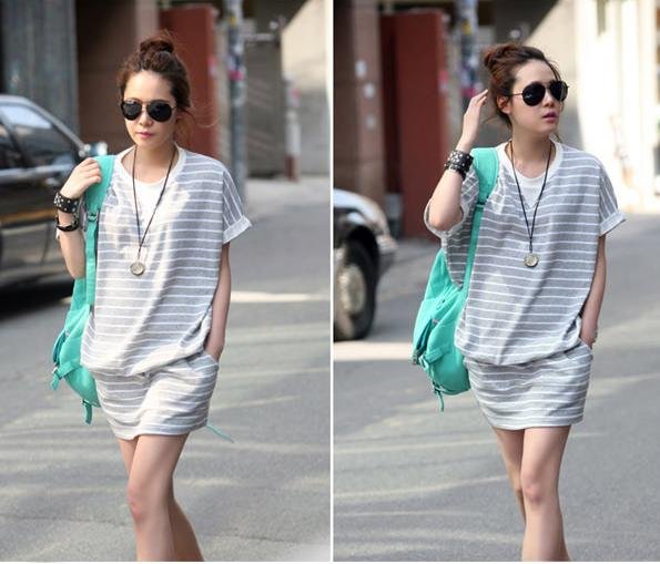 New han edition dress circle took short sleeve pinstripe big yards leisure suit skirt outfit, sport suit