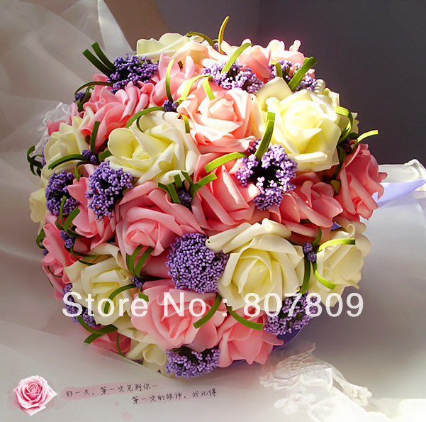 New  handmake Pink and yellow roses fake /  artificial bouquet for wedding with gift  free shipping
