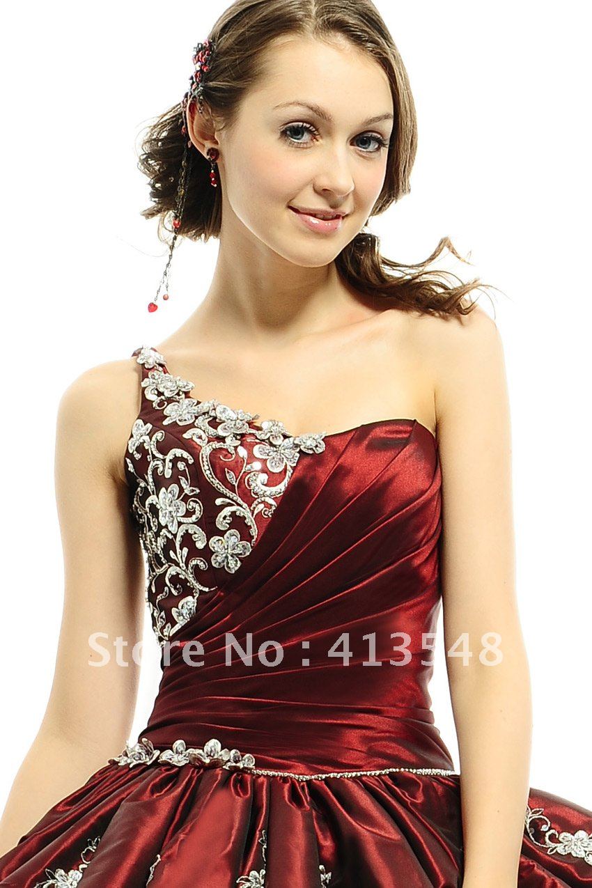 NEW high quality Fashion Burgundy Ball Gown Charmeuse One-Shoulder Floor length Embroidery HandmadeFlower Quinceanera Dresses