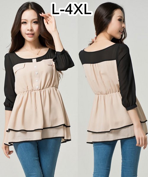 New High Quality Ladies Plus Size Patchworked Half Sleeve Layered Chiffon Shirts Elastic Waist Button Front Blouses Size L-4XL