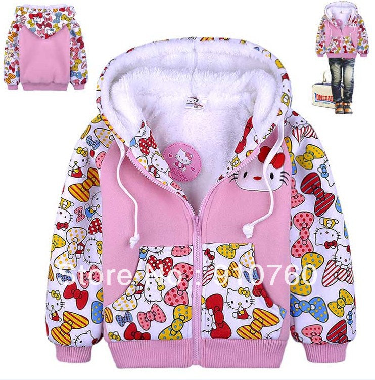NEW!High quality! Wholesale cotton cartoon hello Kitty lambs wool material , pink girl hooded jacket (6 PCS/lot)free shipping