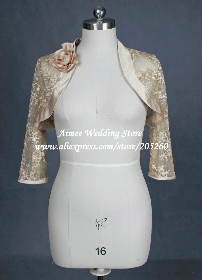 New Holiday Sale Noble Lace Jacket Champagne 3/4 Sleeve Customed Whoslesale Discount S1010