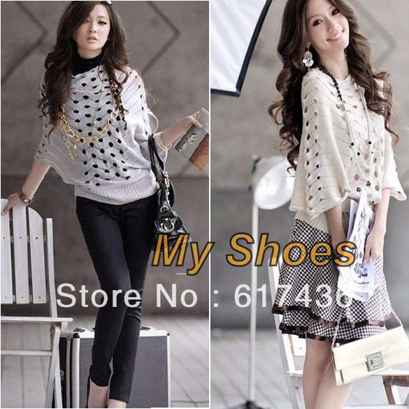 New Hollow Batwing Dolman Knit sweater Knitting Coat Out Boat Neck Tops White/Gray Free Size + Free Shipping 3223