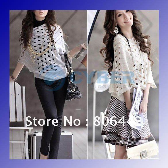 New Hollow Batwing Dolman Knit sweater Knitting Coat Out Boat Neck Tops White/Gray Free Size + Free Shipping