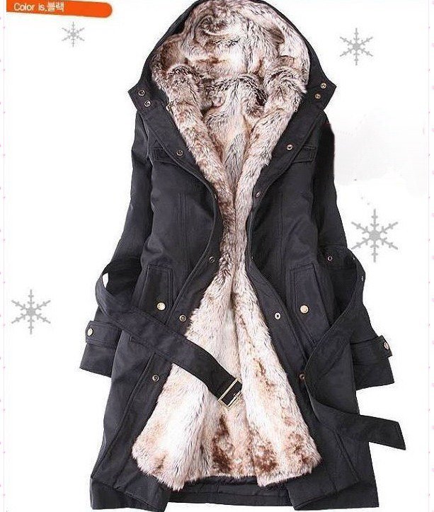 New Hooded Women's Fur Winter With Faux Fur Ling Long Coat Outerwear