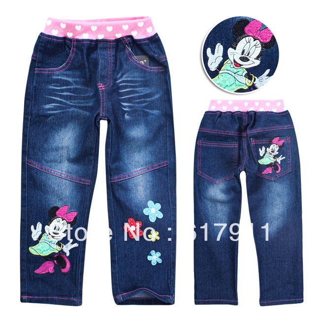 New Hot 2013 Spring Girls Minnie Mouse Denim Jeans Kids Cotton Trousers Childrens Cartoon Cloth Aged 3-8years Free Shipping