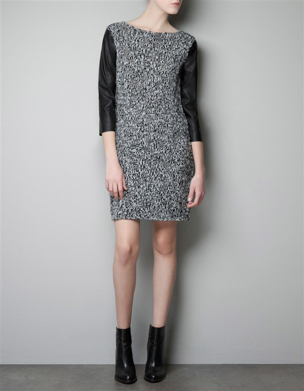 New Hot! Crew Neck PU Leather Sleeves Stitching Knitted Dress  Free Shipping Top Quality