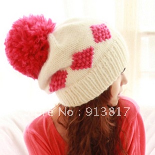 New Hot Fashion Women Lady's Winter Large Sphere Ear Rhombus Pattern Knitted Cute Hat Set Square Grid Cap Free Shipping