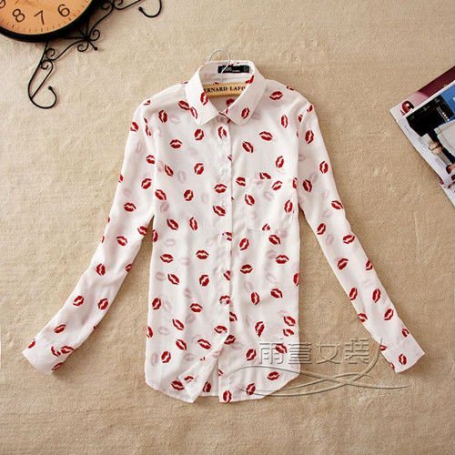 NEW HOT! Free Shipping Sexy Lip Print Long Sleeve Blouse Shirt Top  NO.0066