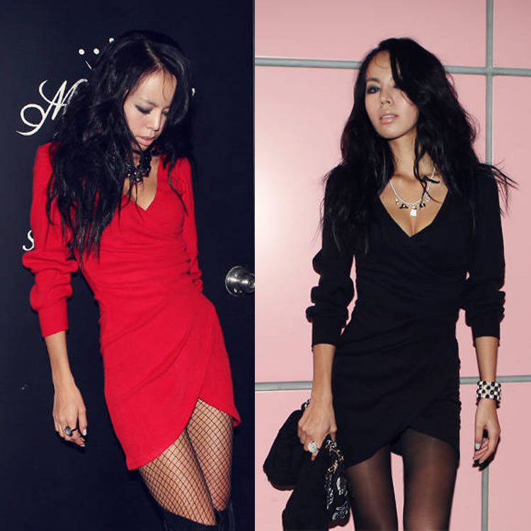 New Hot party Women's Sexy Cotton V-neck Long Sleeve Dress clubwear cheap dresses new fashion 2012 free shipping