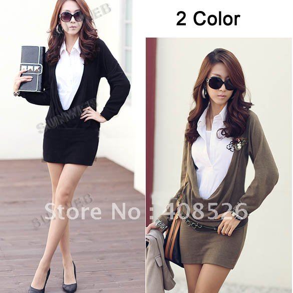 New Hot Sexy OL Fashion Women's Long Sleeve Dress Tops Shirt Blouse 2 Colors Black Dark Khaki free shipping 7268