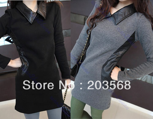 New Hot Sexy Women Slim Long Sleeve Splicing Leatherette Thick Bottoming Shirt Free Shipping!