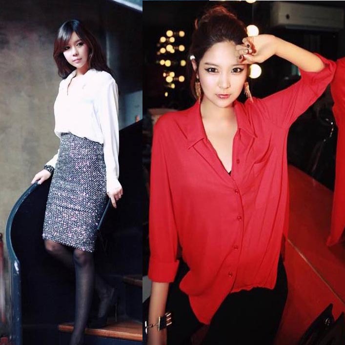 New Hot Summer Spring blouses for women 2013 Brief style shirts Long Sleeve OL Blouse Top Shirt SY0136 Red White free shipping
