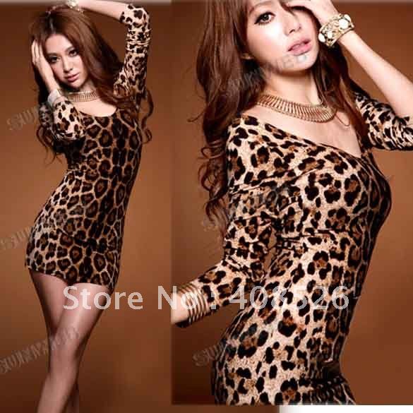 New Hot Women's Sexy Cotton Crew Neck Backless Long Sleeve Shirt Top mini Leopard Dress free shipping 2795