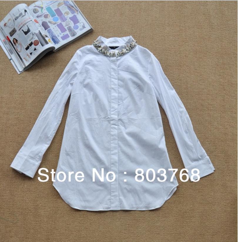 New IN 2013 Spring Summer Fashion Shirt Rivet Beading Neck 100% Cotton White Women's Tops