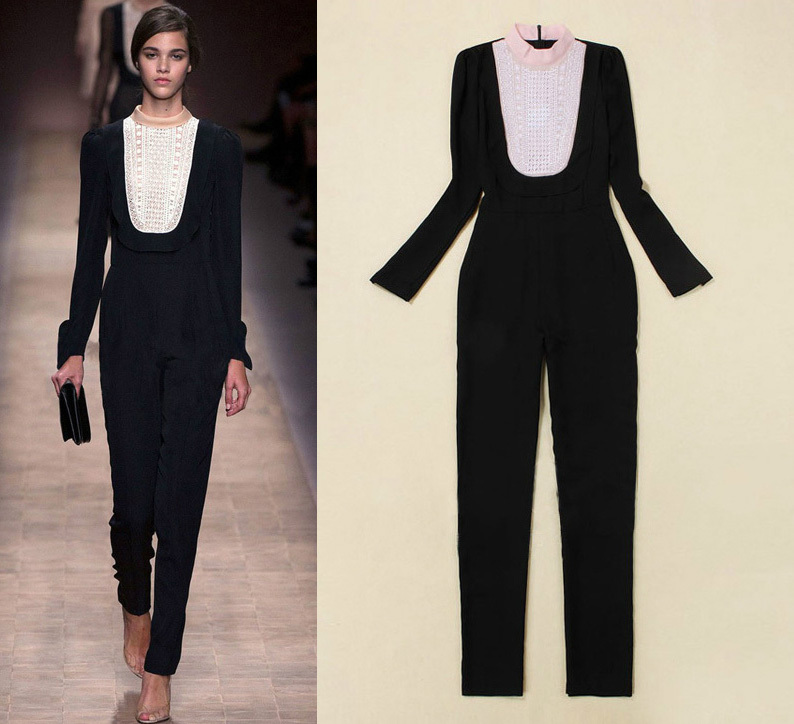 New In Europe Runway Fashion Women's Puff Sleeve Embroidery Patchwork Slim Jumpsuit Vintage Rompers Overalls SS13027