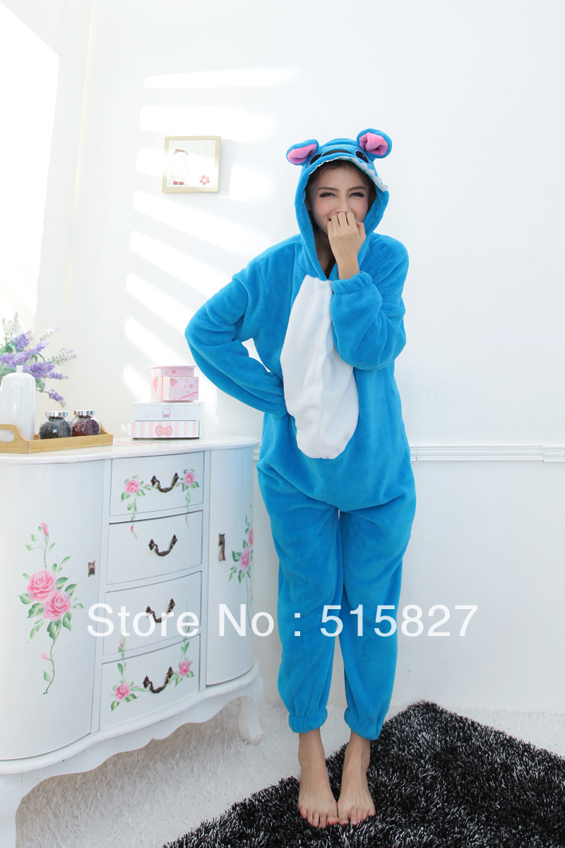New Japan  Adult Animal Blue Stitch Lovely Cute  Fleece Full Sleeves Hooded   Women Sleepcoat Size L XL