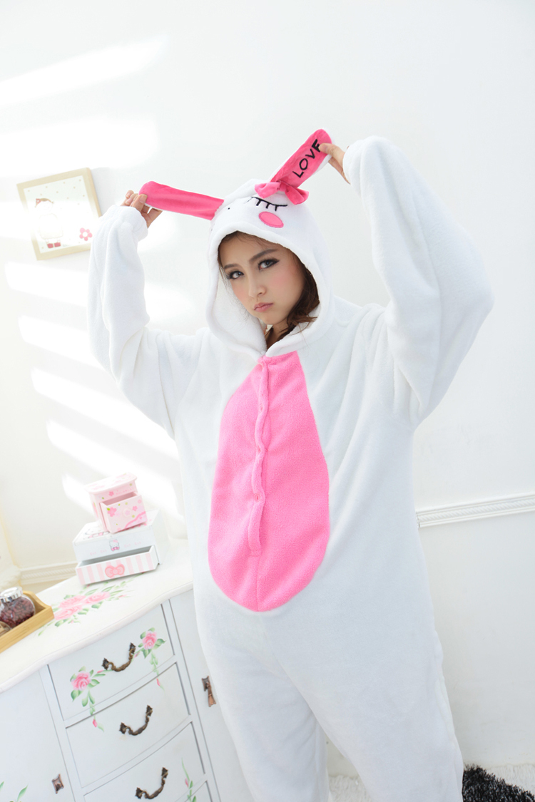 New Japan  Adult Animal White Rabbit  Lovely Cute  Fleece Full Sleeves Hooded   Women Sleepwear Size L XL
