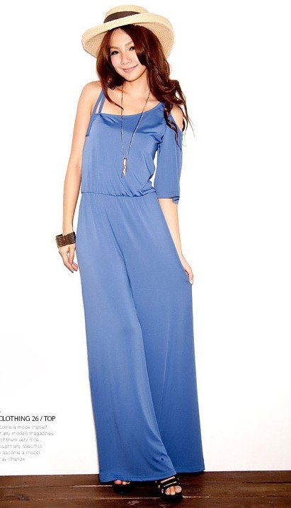 New Korea Style Womens Fashion Off Shoulder Lace up Middle Sleeve Loose Jumpsuits pants E118530