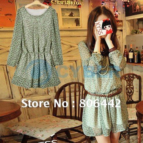 New Korea Women's Chic Crew Neck Floral Green Chiffon Tunic Mini Dress Free Shipping