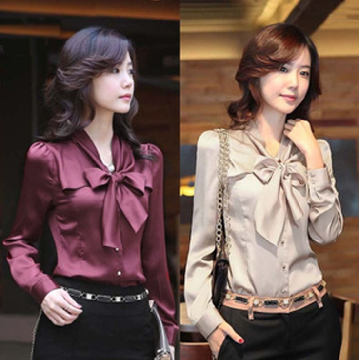 NEW Korea Women's Ladies bowtie OL shirt Long Sleeve Vintage Shirts Tops blouse 3 Colours New