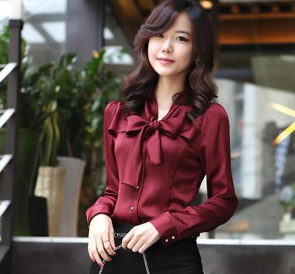 NEW Korea Women's Ladies bowtie OL shirt Long Sleeve Vintage ShirtsTops blouse2 Colours New free shipping